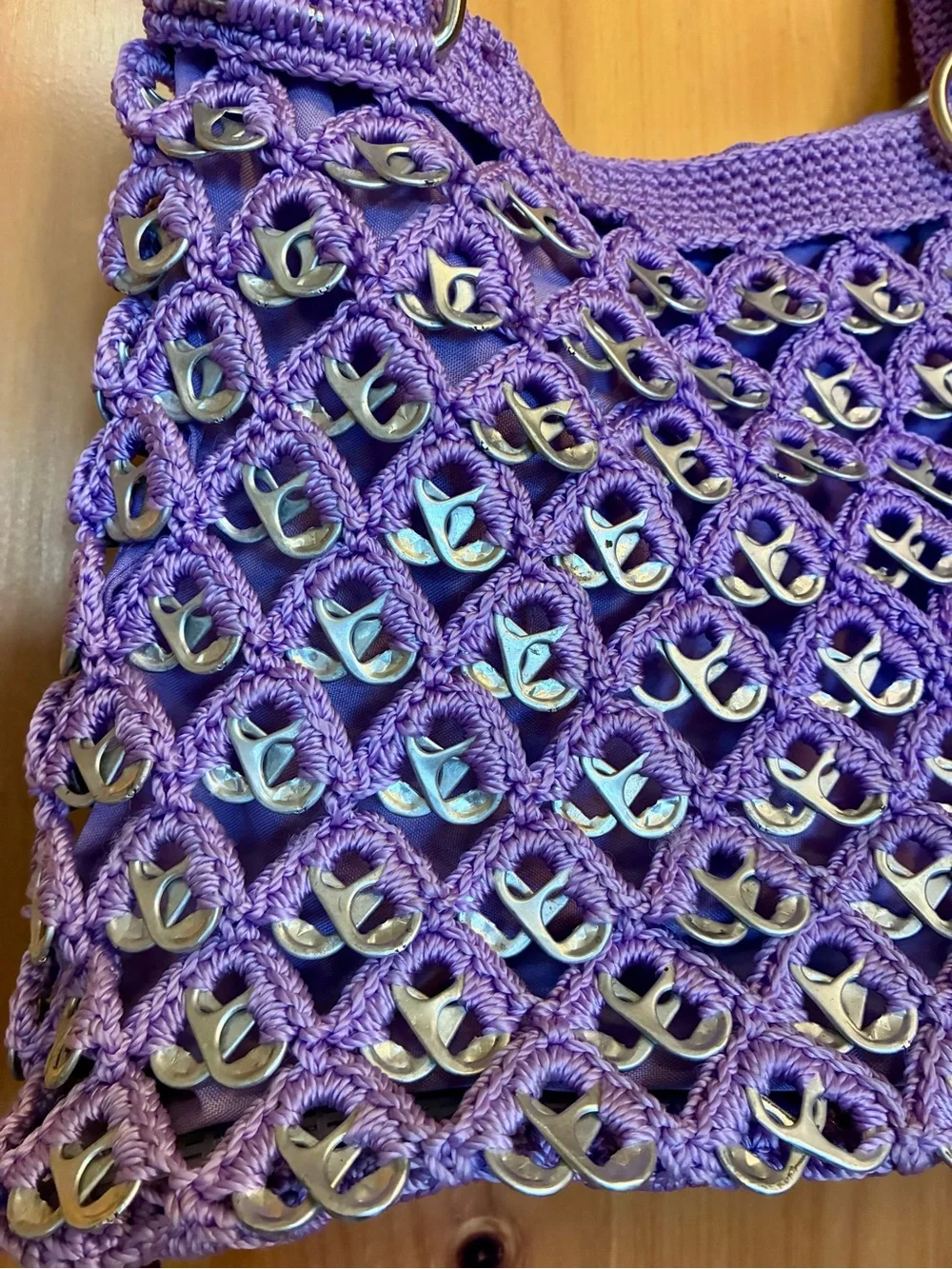 Handcrafted Purple Crochet Shoulder Bag with Soda Can Pull Tab Accents
